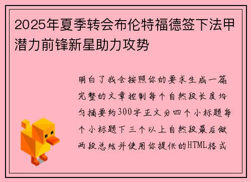 2025年夏季转会布伦特福德签下法甲潜力前锋新星助力攻势